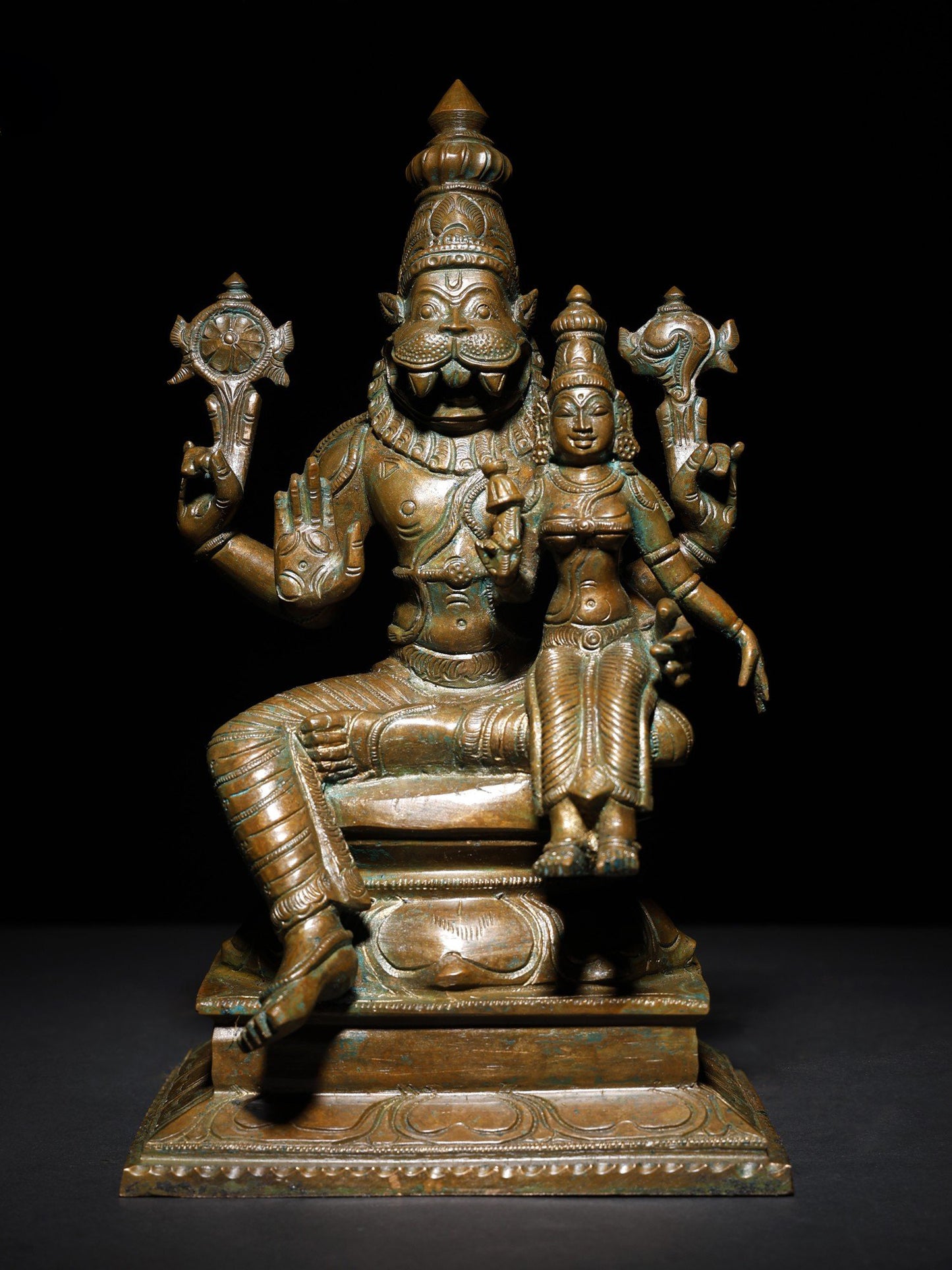 9" Lord Narasimha Seated With Devi Lakshmi | Handmade Idol | Bronze Statue