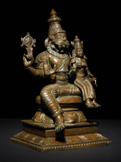 9" Lord Narasimha Seated With Devi Lakshmi | Handmade Idol | Bronze Statue