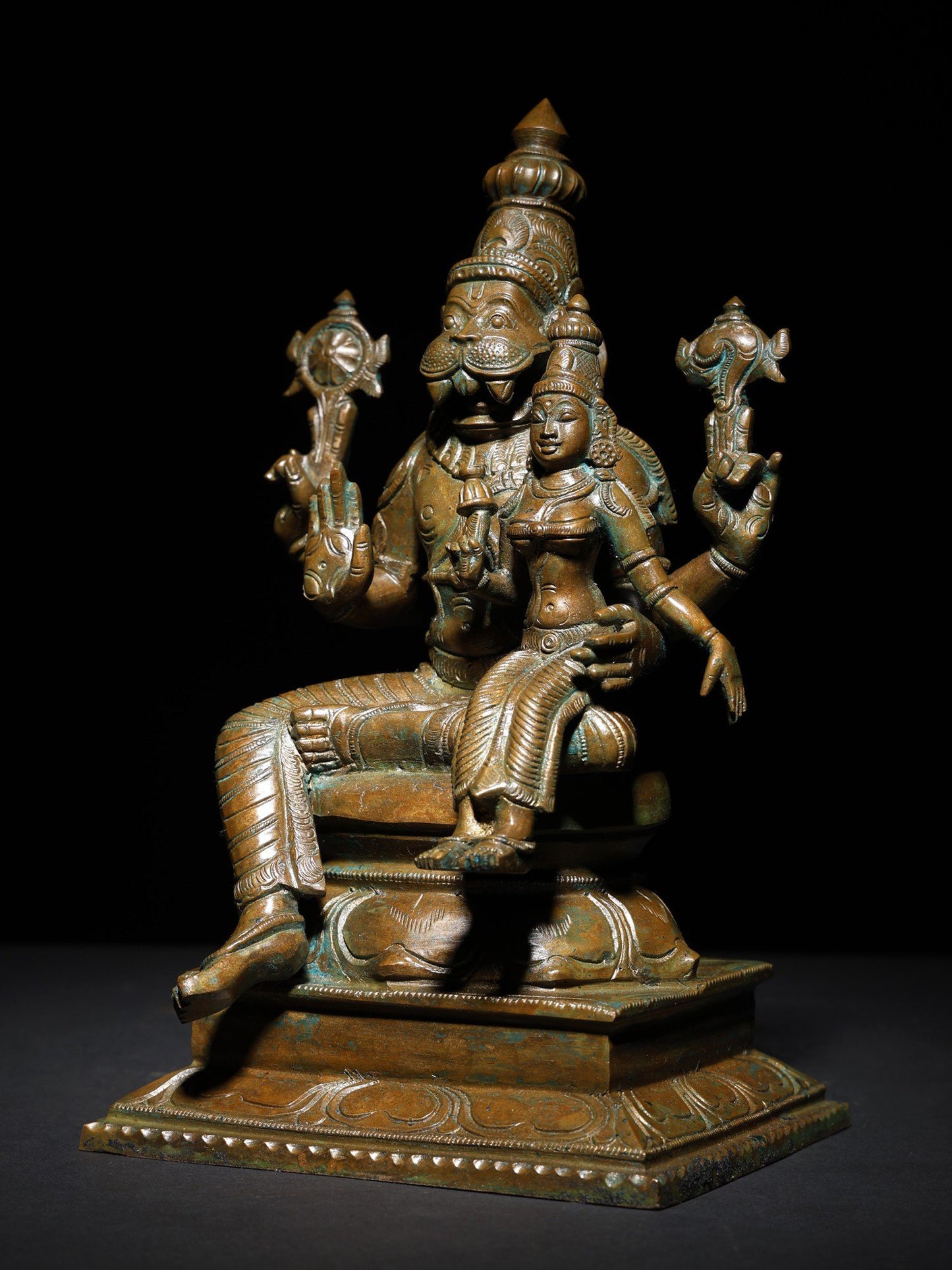 9" Lord Narasimha Seated With Devi Lakshmi | Handmade Idol | Bronze Statue