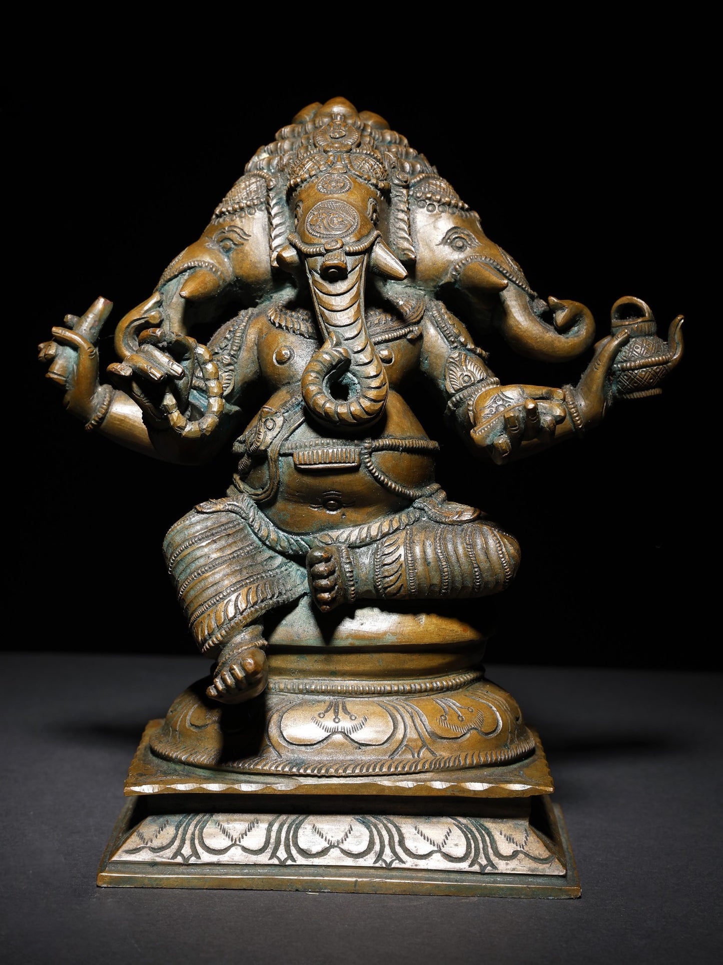 9" Three Headed Sitting Lord Ganesha | Handmade Idol | Lord Ganesha Bronze Statue