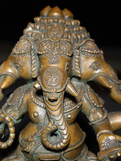 9" Three Headed Sitting Lord Ganesha | Handmade Idol | Lord Ganesha Bronze Statue