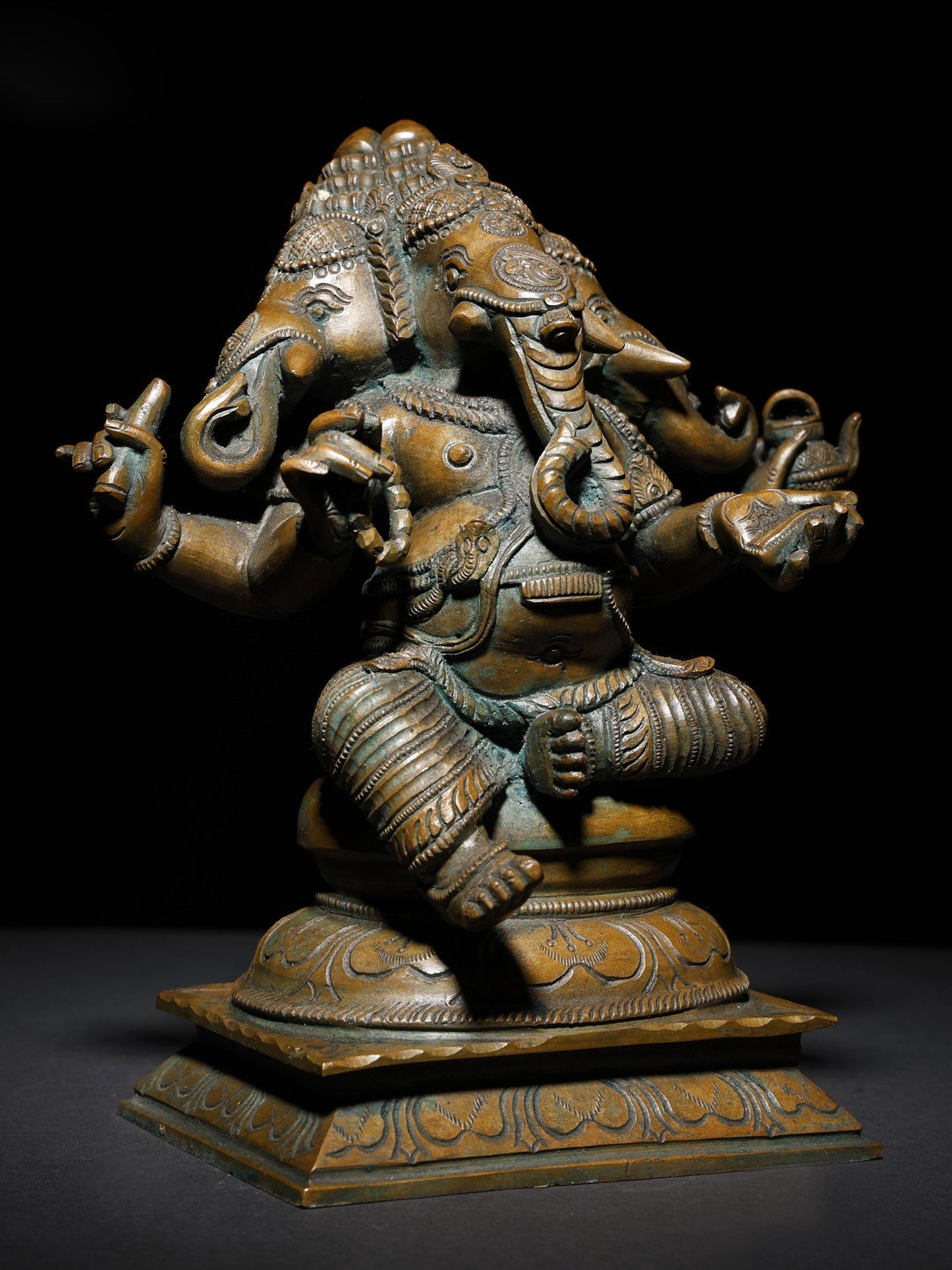 9" Three Headed Sitting Lord Ganesha | Handmade Idol | Lord Ganesha Bronze Statue