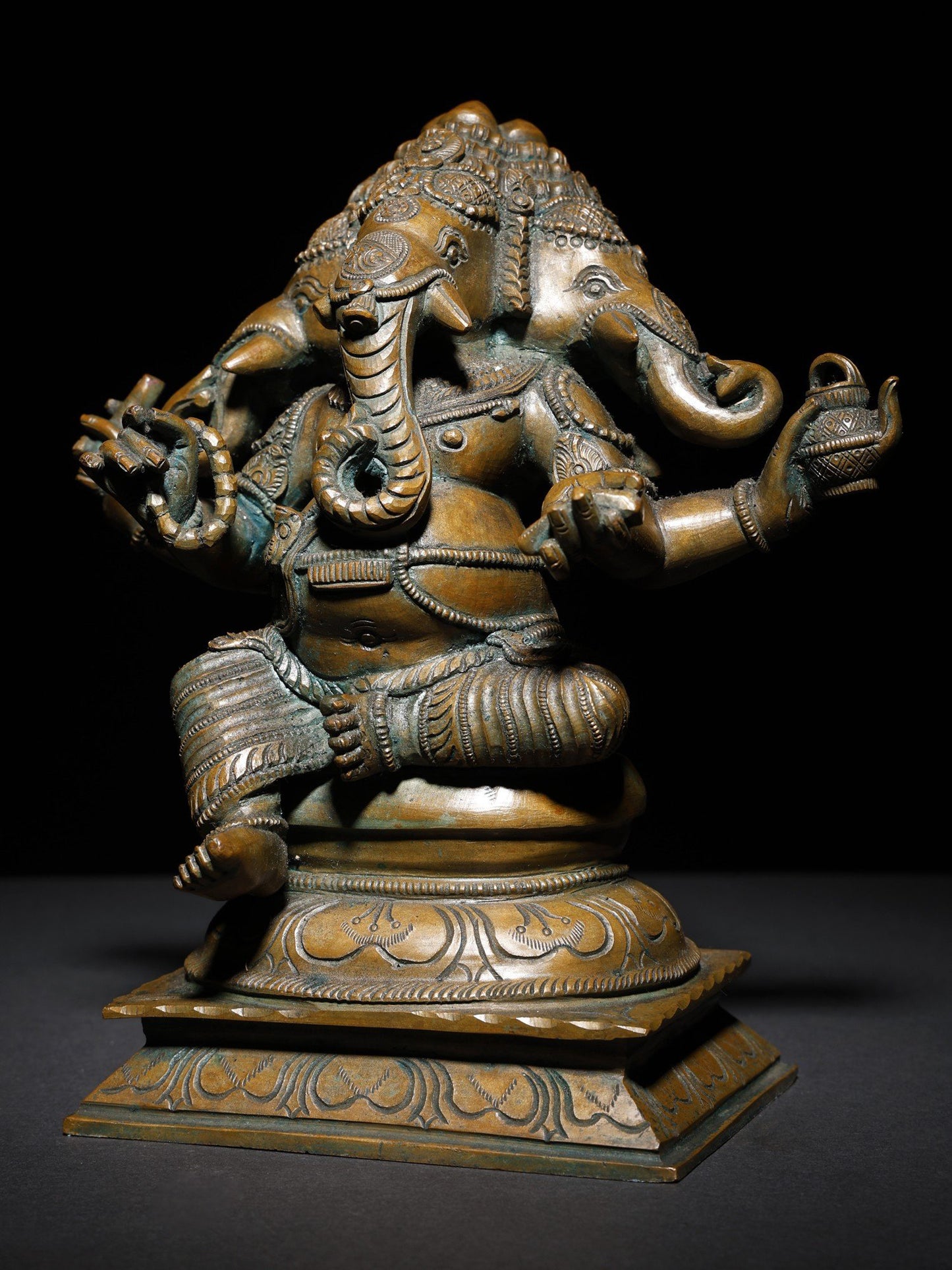 9" Three Headed Sitting Lord Ganesha | Handmade Idol | Lord Ganesha Bronze Statue