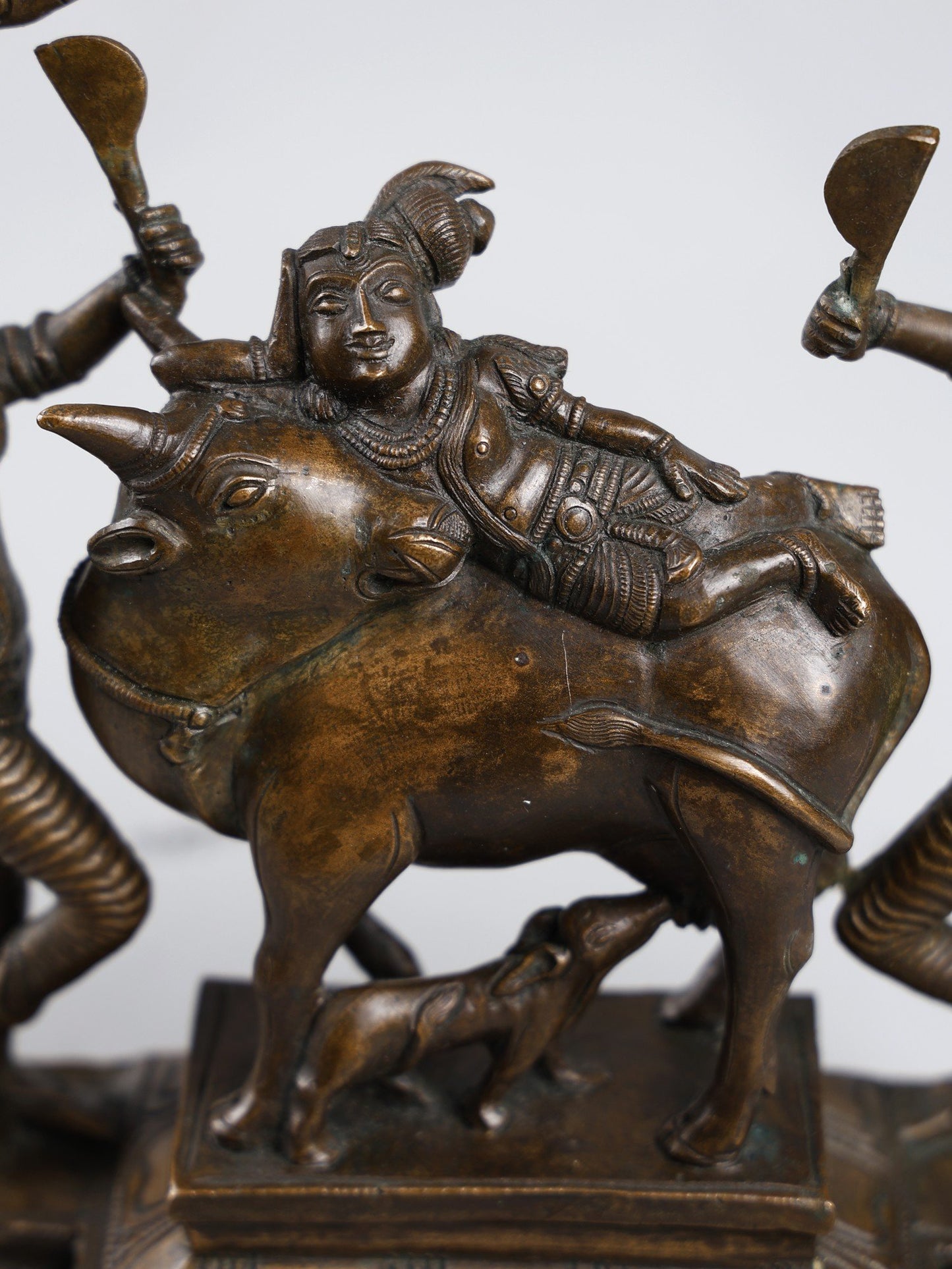 11" Lord Krishna on Cow with Gopis | Handmade Idol | Lord Krishna Bronze Statue