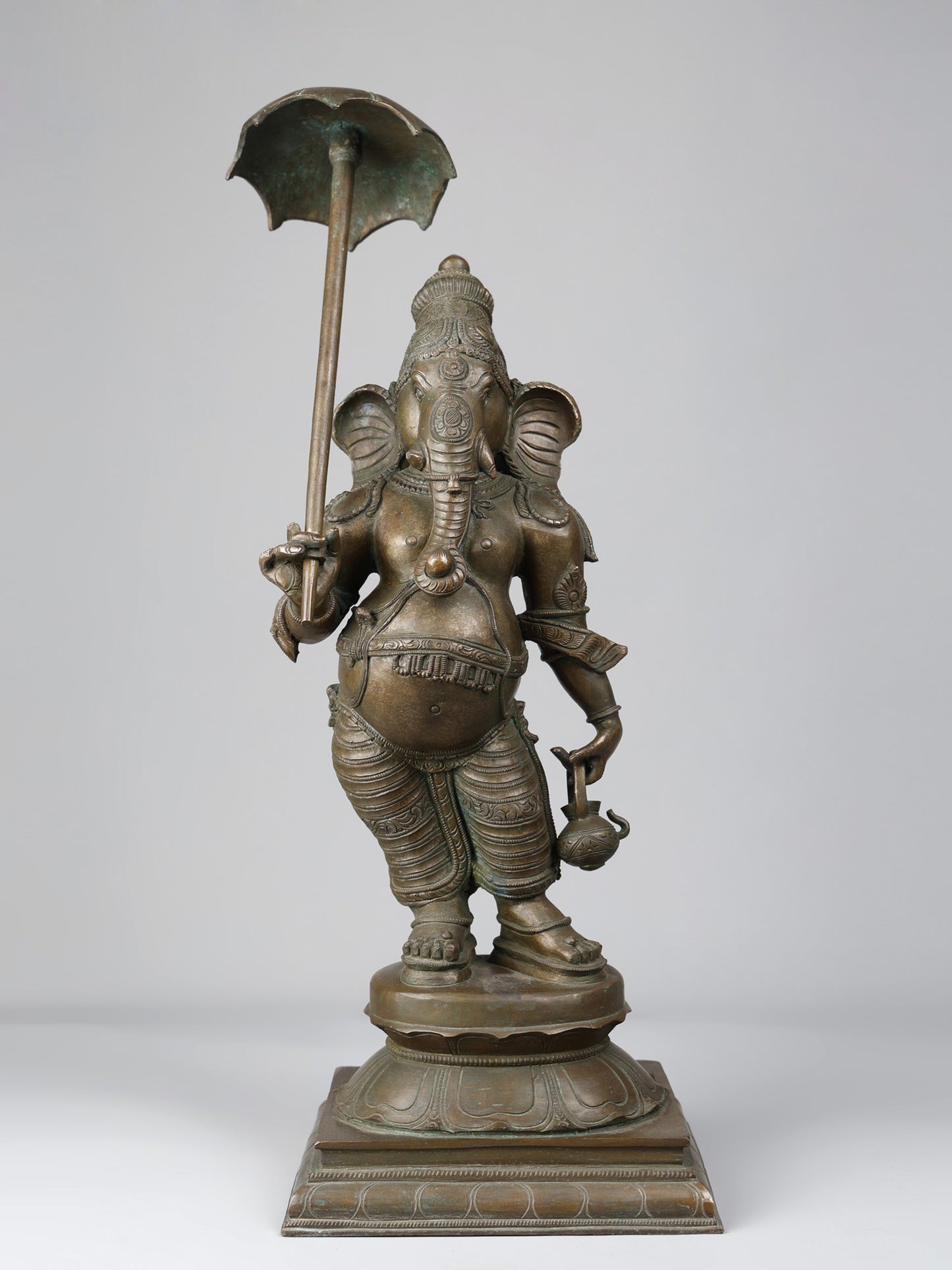 22" Lord Ganesha Standing On Pedstal With Umbrella | Handmade Idol | Lord Ganesha Bronze Statue