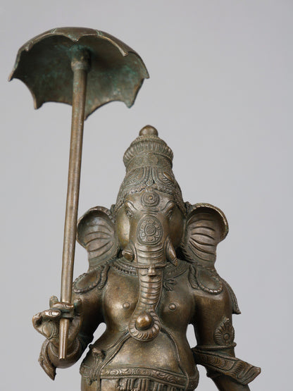 22" Lord Ganesha Standing On Pedstal With Umbrella | Handmade Idol | Lord Ganesha Bronze Statue