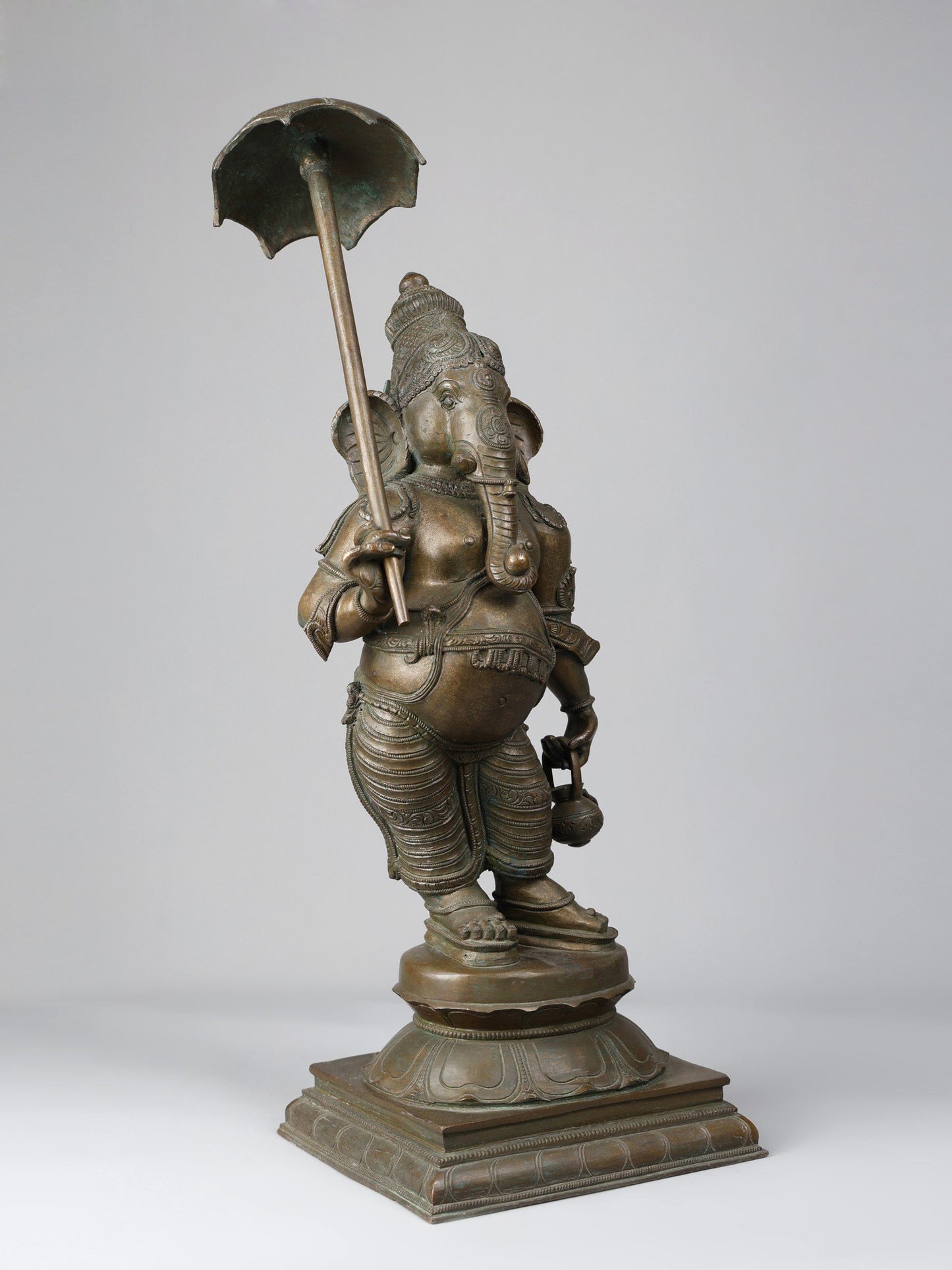 22" Lord Ganesha Standing On Pedstal With Umbrella | Handmade Idol | Lord Ganesha Bronze Statue