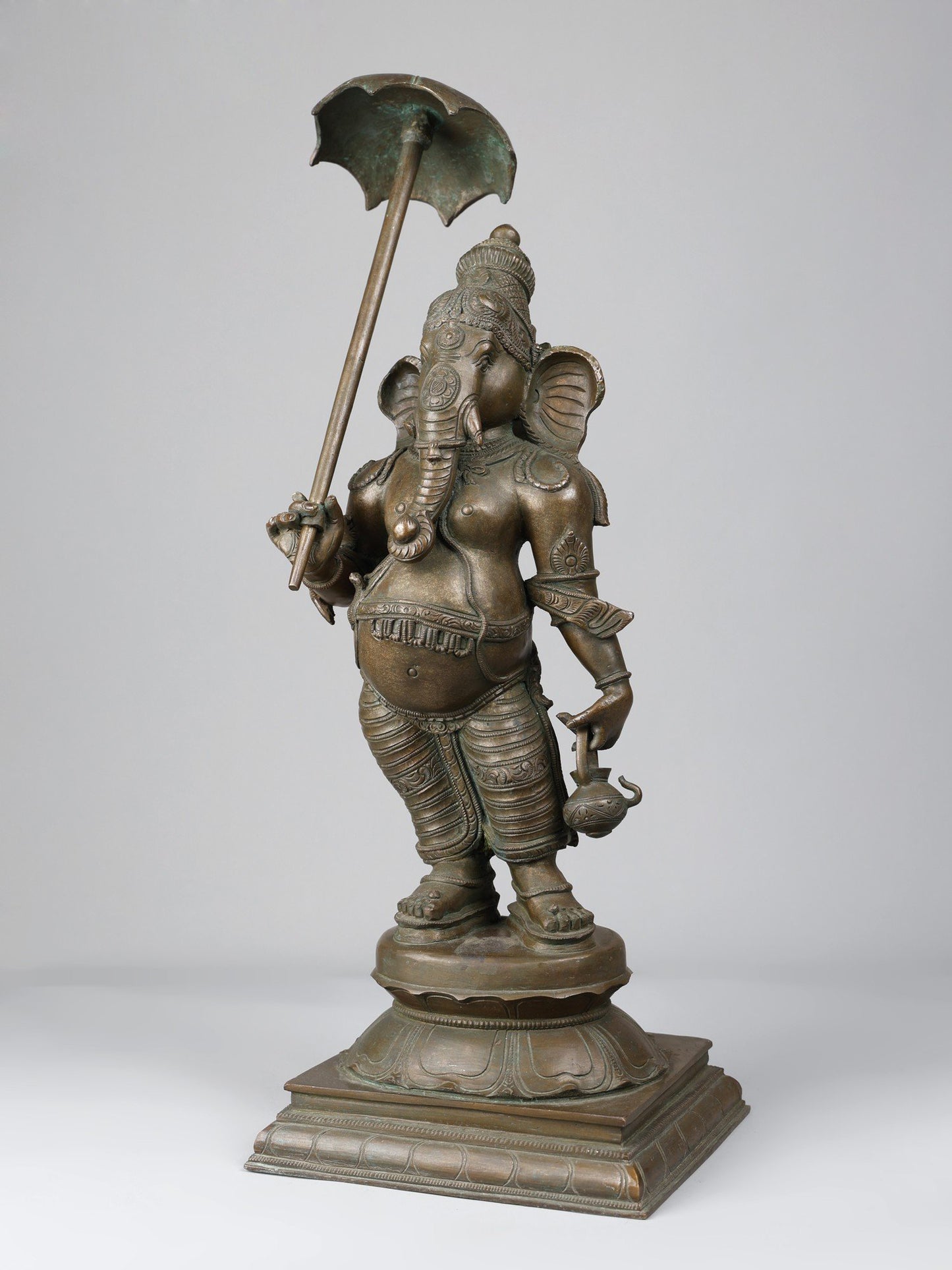 22" Lord Ganesha Standing On Pedstal With Umbrella | Handmade Idol | Lord Ganesha Bronze Statue