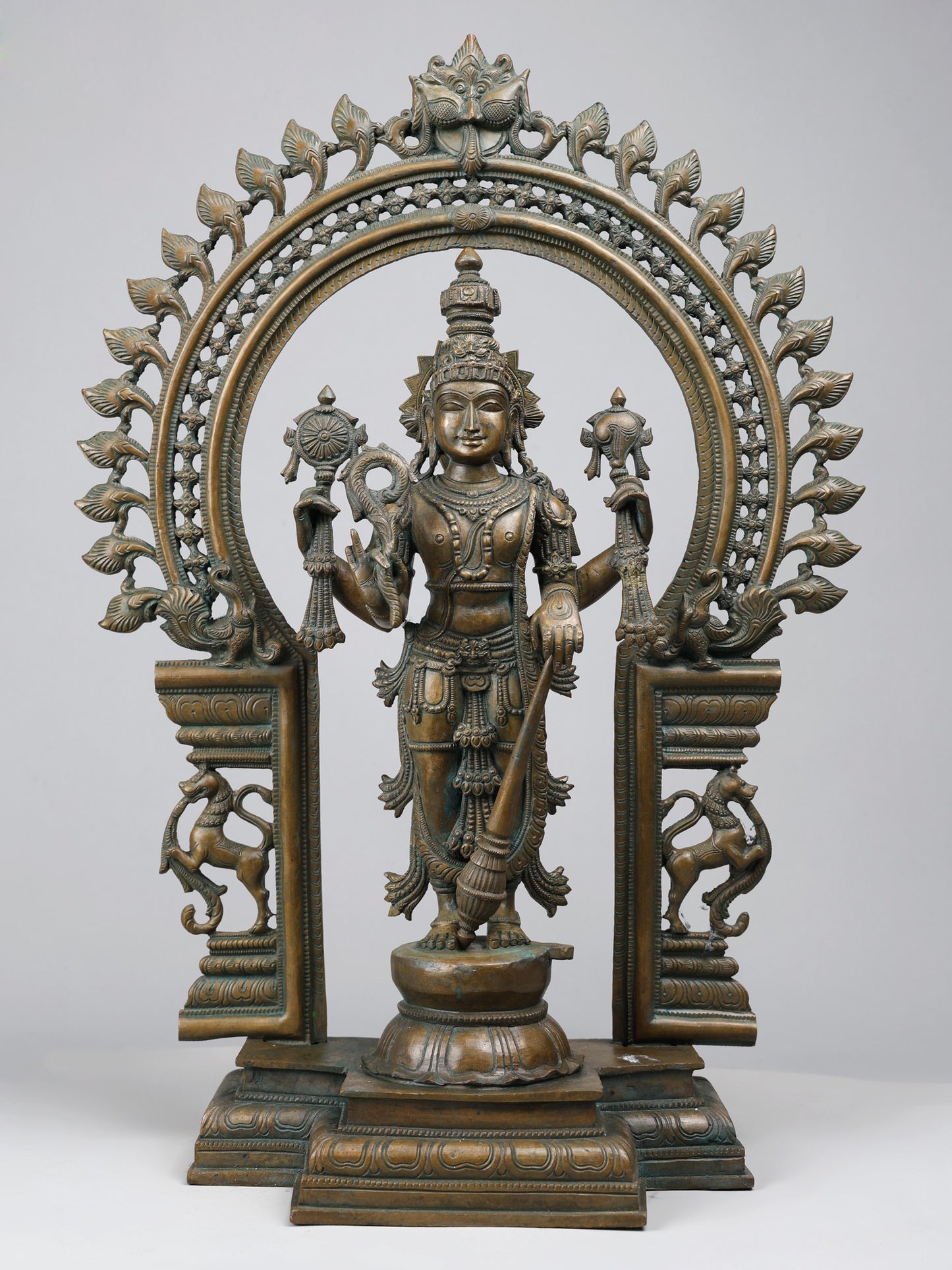 24" Standing Four Armed Lord Vishnu On Kirtimukha Throne | Handmade Idol | Bronze Statue