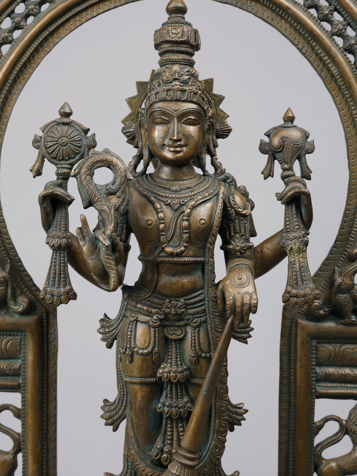 24" Standing Four Armed Lord Vishnu On Kirtimukha Throne | Handmade Idol | Bronze Statue