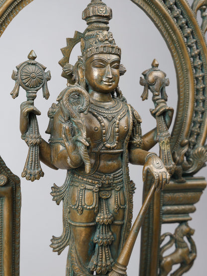 24" Standing Four Armed Lord Vishnu On Kirtimukha Throne | Handmade Idol | Bronze Statue