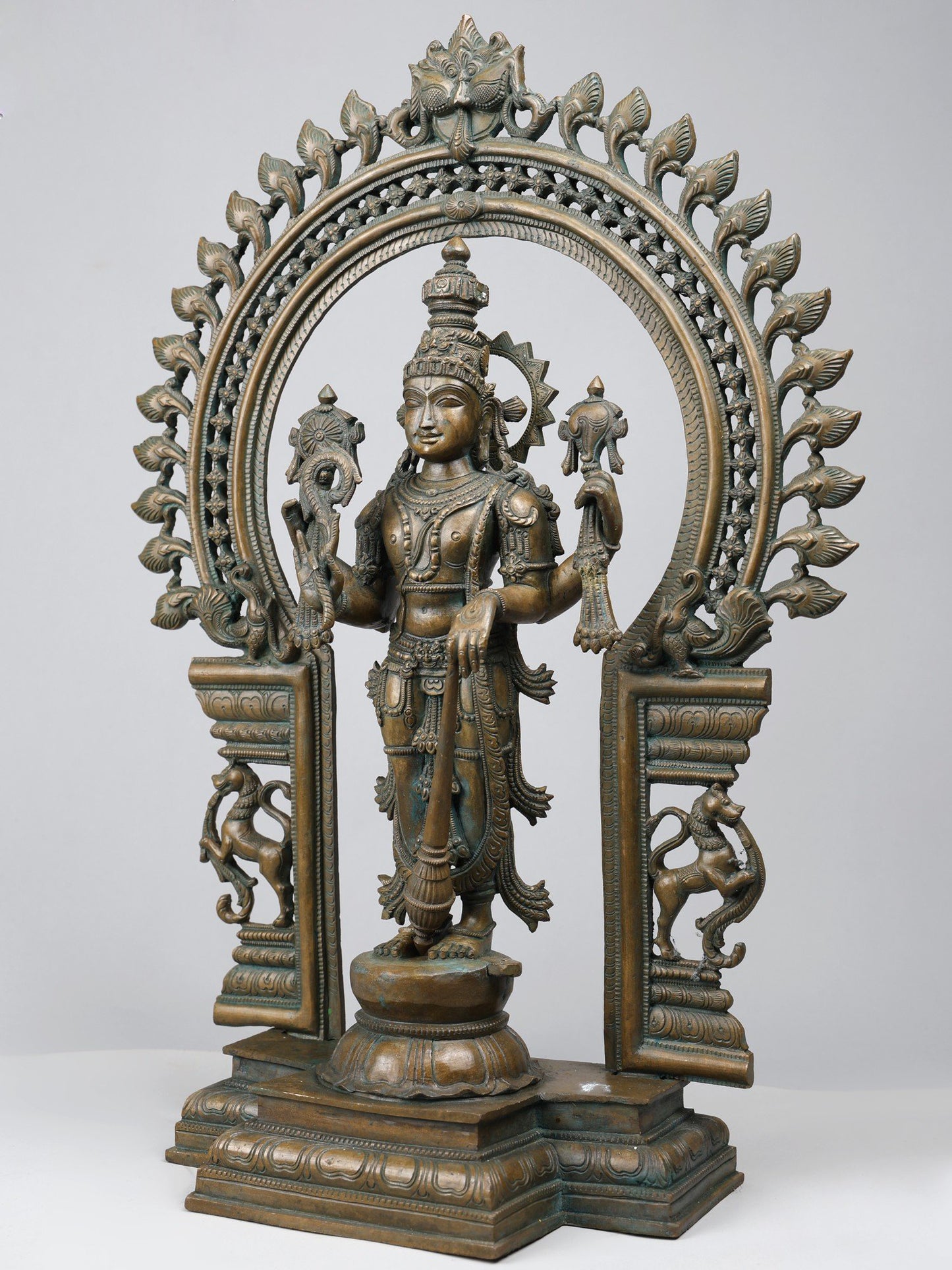 24" Standing Four Armed Lord Vishnu On Kirtimukha Throne | Handmade Idol | Bronze Statue