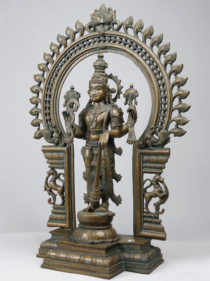 24" Standing Four Armed Lord Vishnu On Kirtimukha Throne | Handmade Idol | Bronze Statue