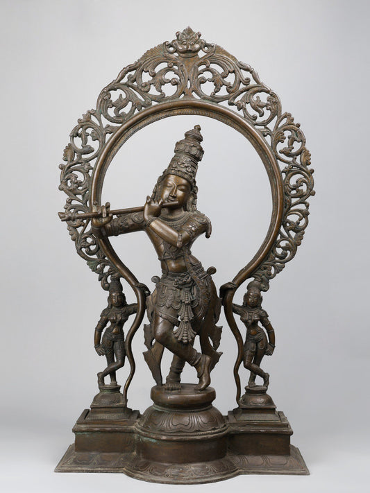 33" Large Lord Krishna Playing Flute With Kirtimukha Arch |  Handmade | Bronze Statue