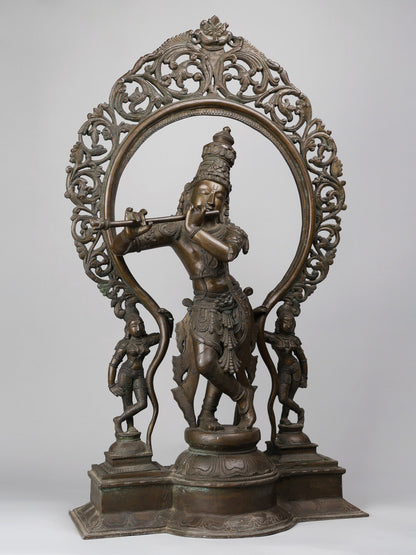 33" Large Lord Krishna Playing Flute With Kirtimukha Arch |  Handmade | Bronze Statue