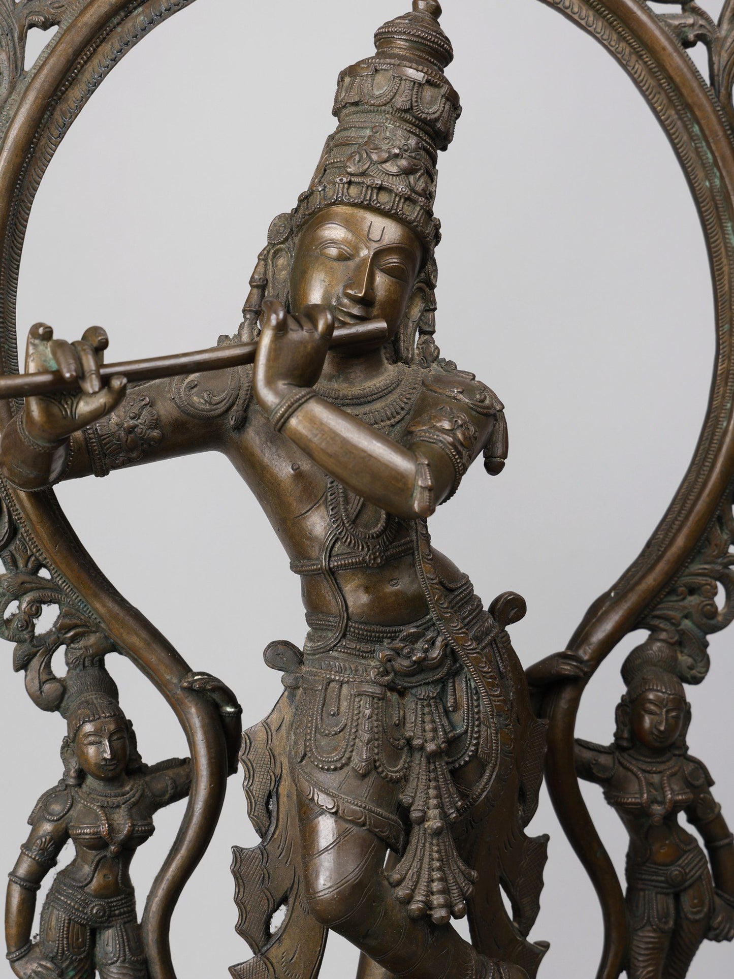 33" Large Lord Krishna Playing Flute With Kirtimukha Arch |  Handmade | Bronze Statue