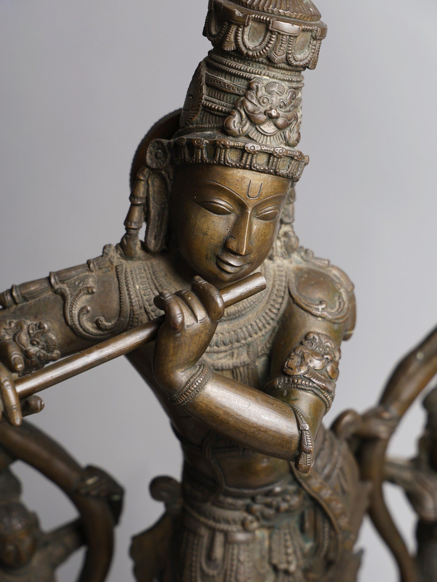 33" Large Lord Krishna Playing Flute With Kirtimukha Arch |  Handmade | Bronze Statue