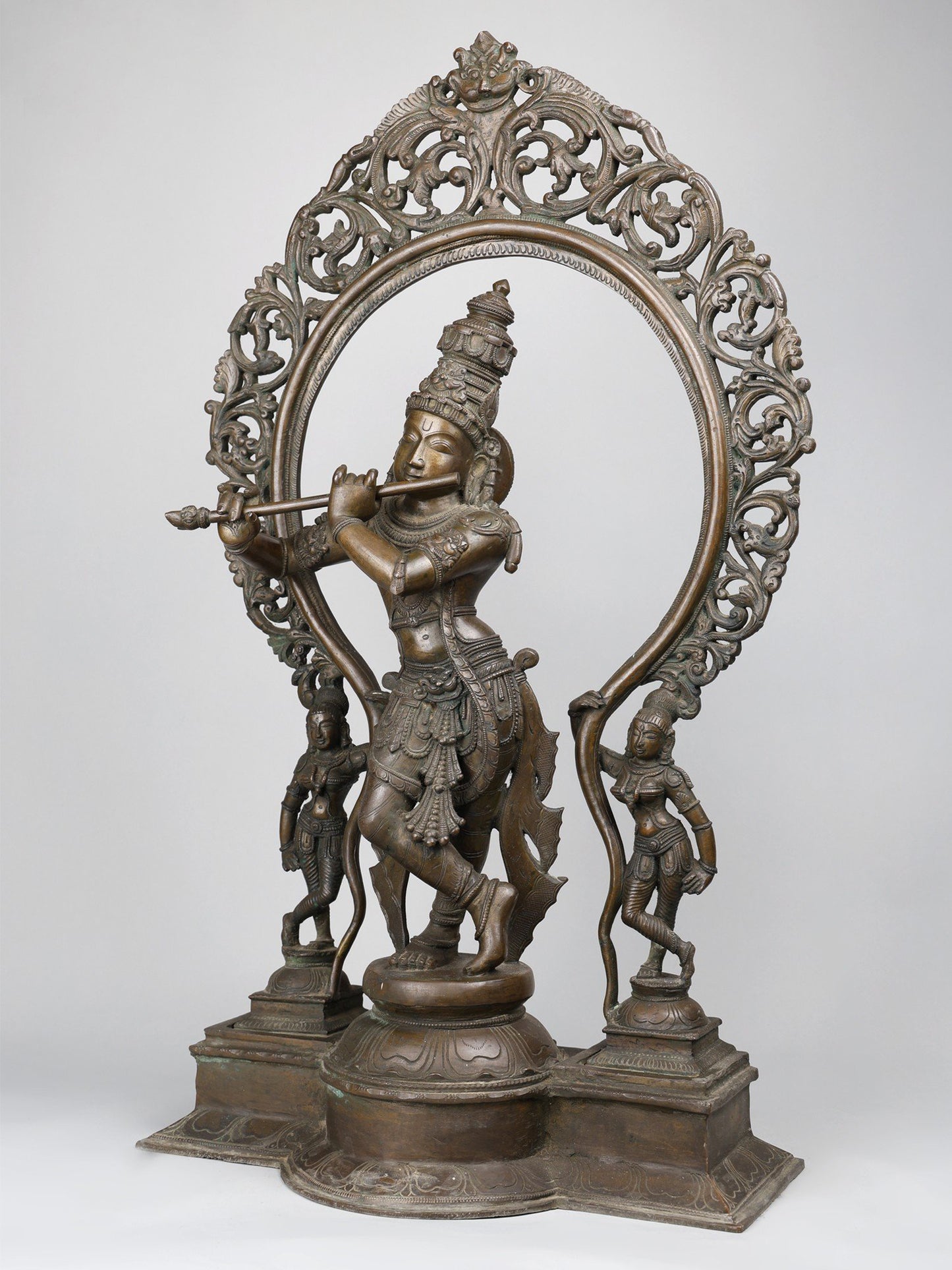 33" Large Lord Krishna Playing Flute With Kirtimukha Arch |  Handmade | Bronze Statue