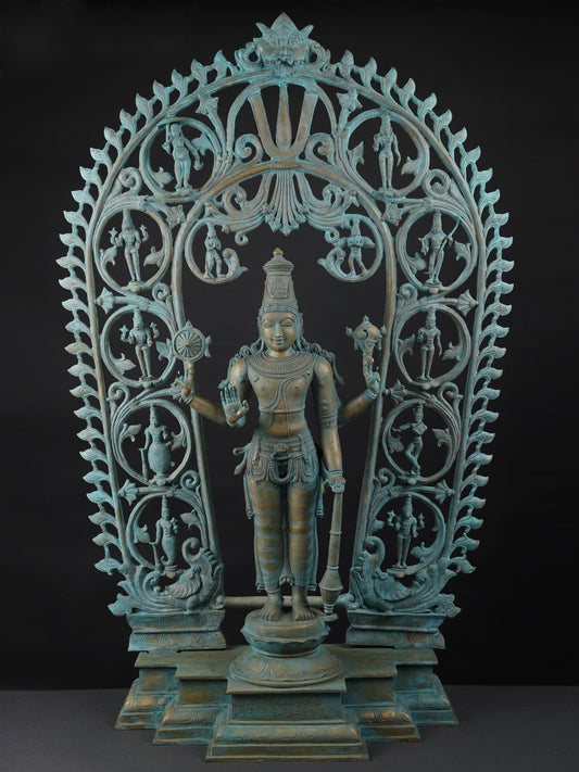 49" Standing Lord Vishnu with Dashavatara on Kirtimukha Arch | Bronze Statue