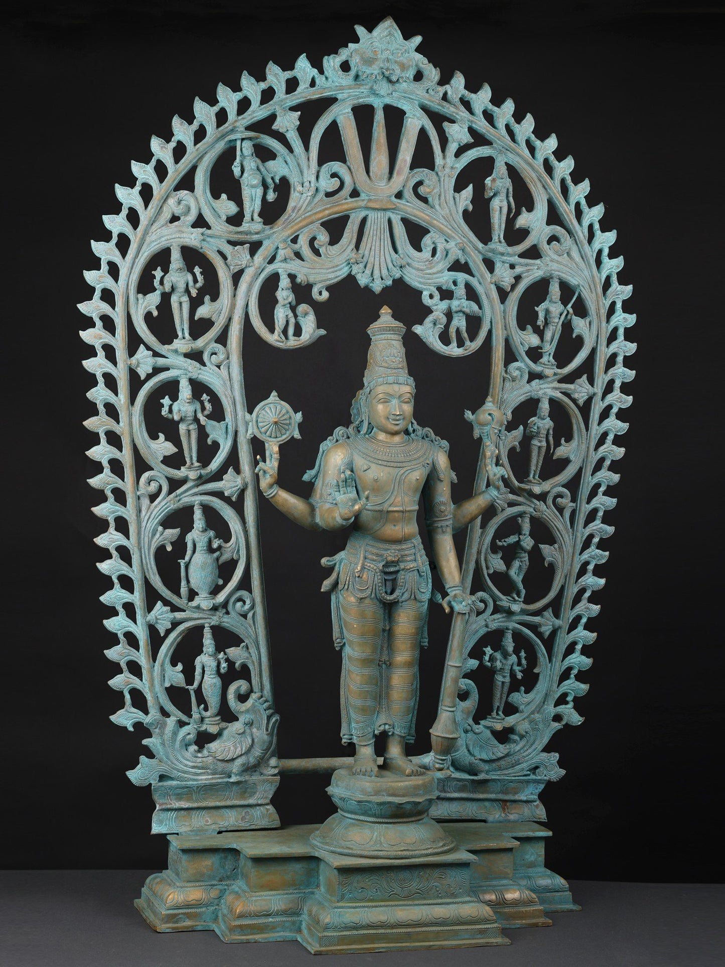 49" Standing Lord Vishnu with Dashavatara on Kirtimukha Arch | Bronze Statue