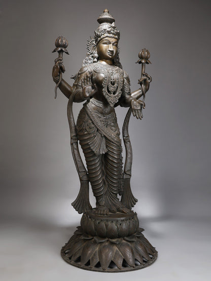 52" Large Superfine Goddess Lakshmi Bronze Statue Standing On Lotus In Blessing Gesture