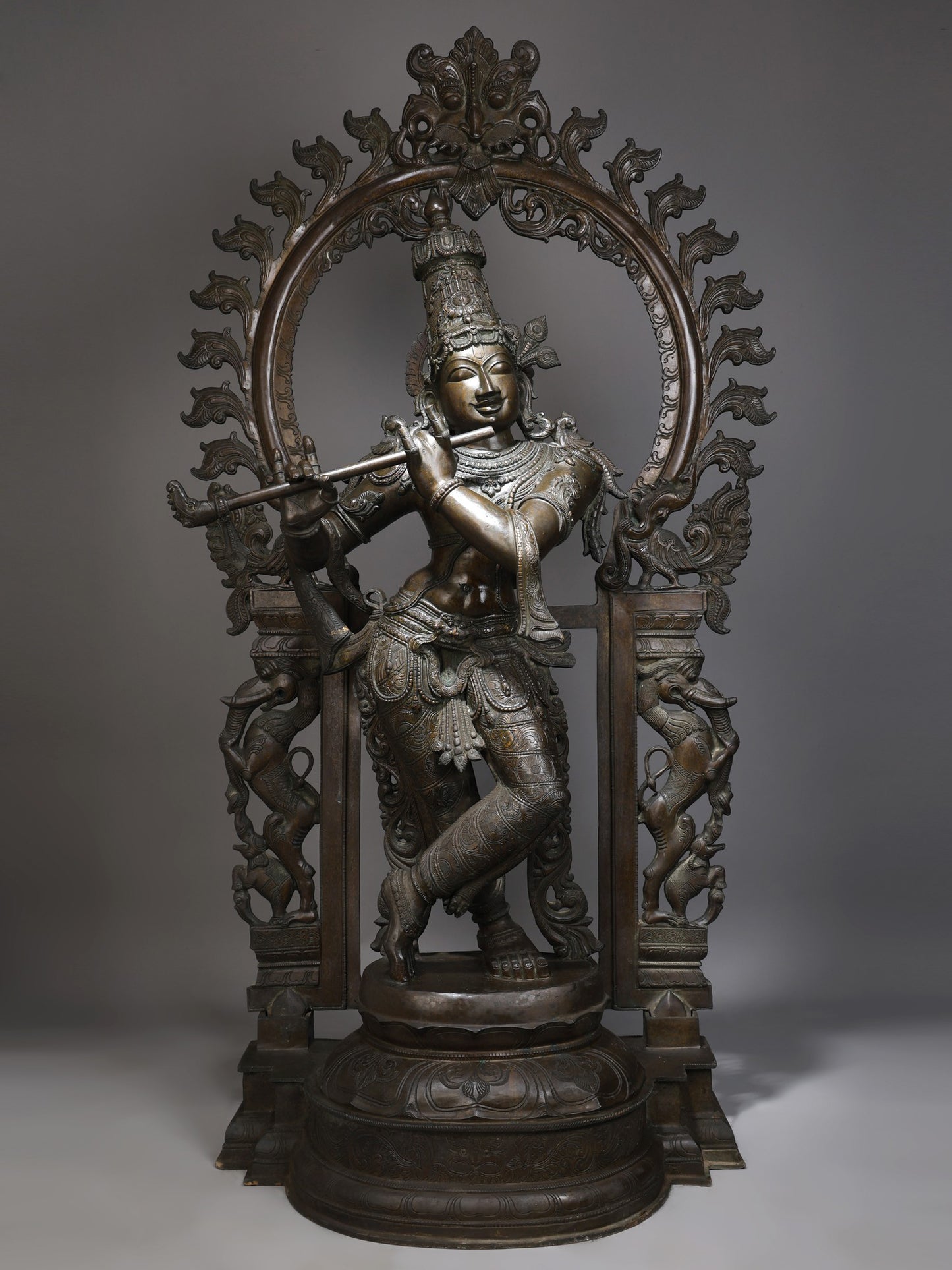 63" Large Lord Krishna Playing Flute with Kirtimukha Prabhavali | Krishna Bronze Statue