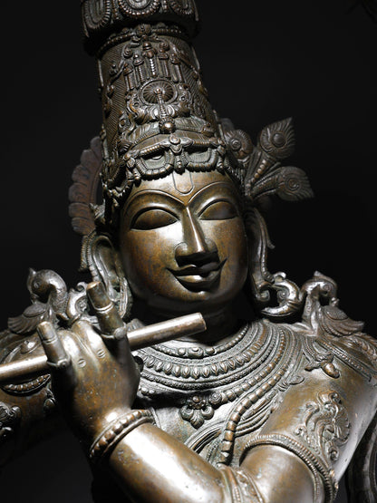 63" Large Lord Krishna Playing Flute with Kirtimukha Prabhavali | Krishna Bronze Statue