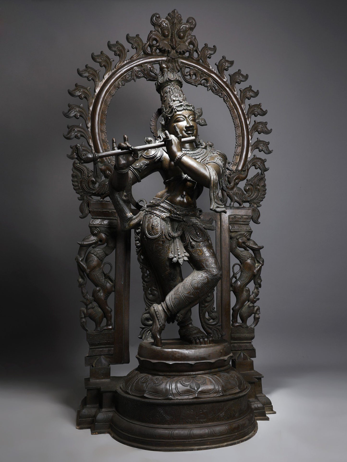 63" Large Lord Krishna Playing Flute with Kirtimukha Prabhavali | Krishna Bronze Statue