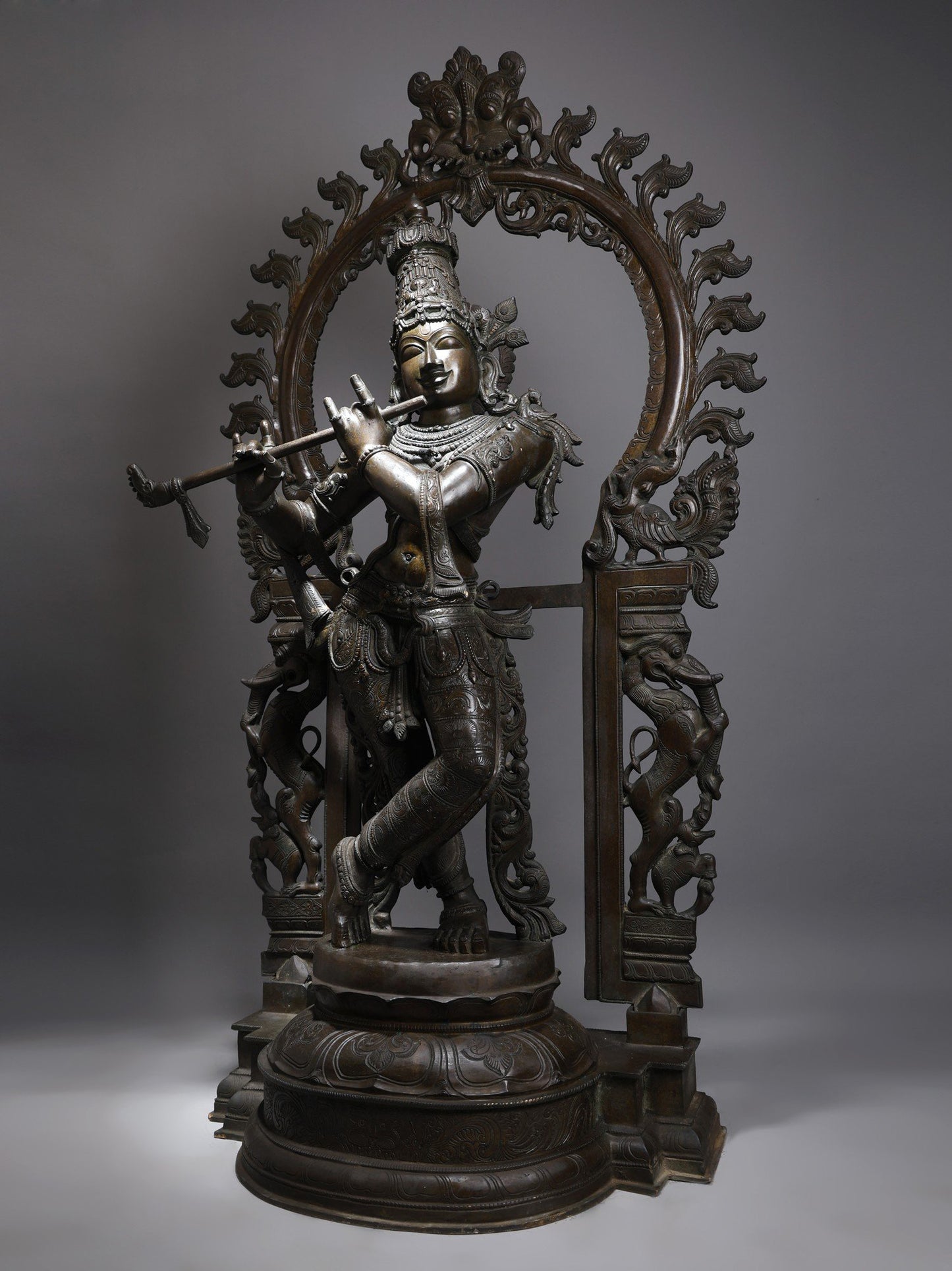 63" Large Lord Krishna Playing Flute with Kirtimukha Prabhavali | Krishna Bronze Statue