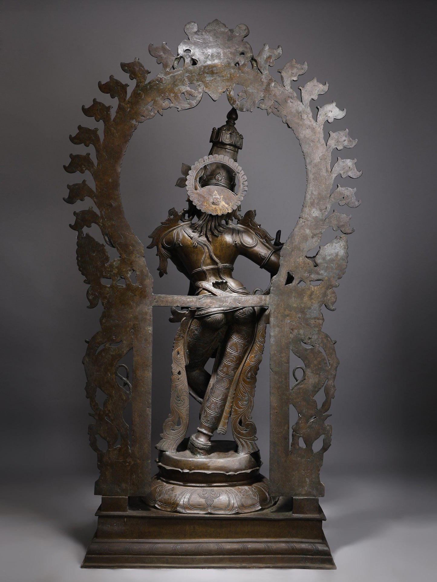 63" Large Lord Krishna Playing Flute with Kirtimukha Prabhavali | Krishna Bronze Statue