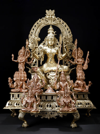 37" Large Superfine Goddess Rajarajeshvari Seated On Kirtimukha Throne With Gods And Goddesses | Hoysala Bronze Statue In Twin Shades