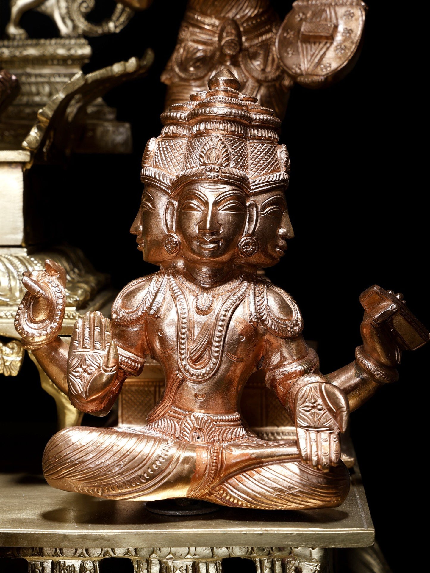 37" Large Superfine Goddess Rajarajeshvari Seated On Kirtimukha Throne With Gods And Goddesses | Hoysala Bronze Statue In Twin Shades