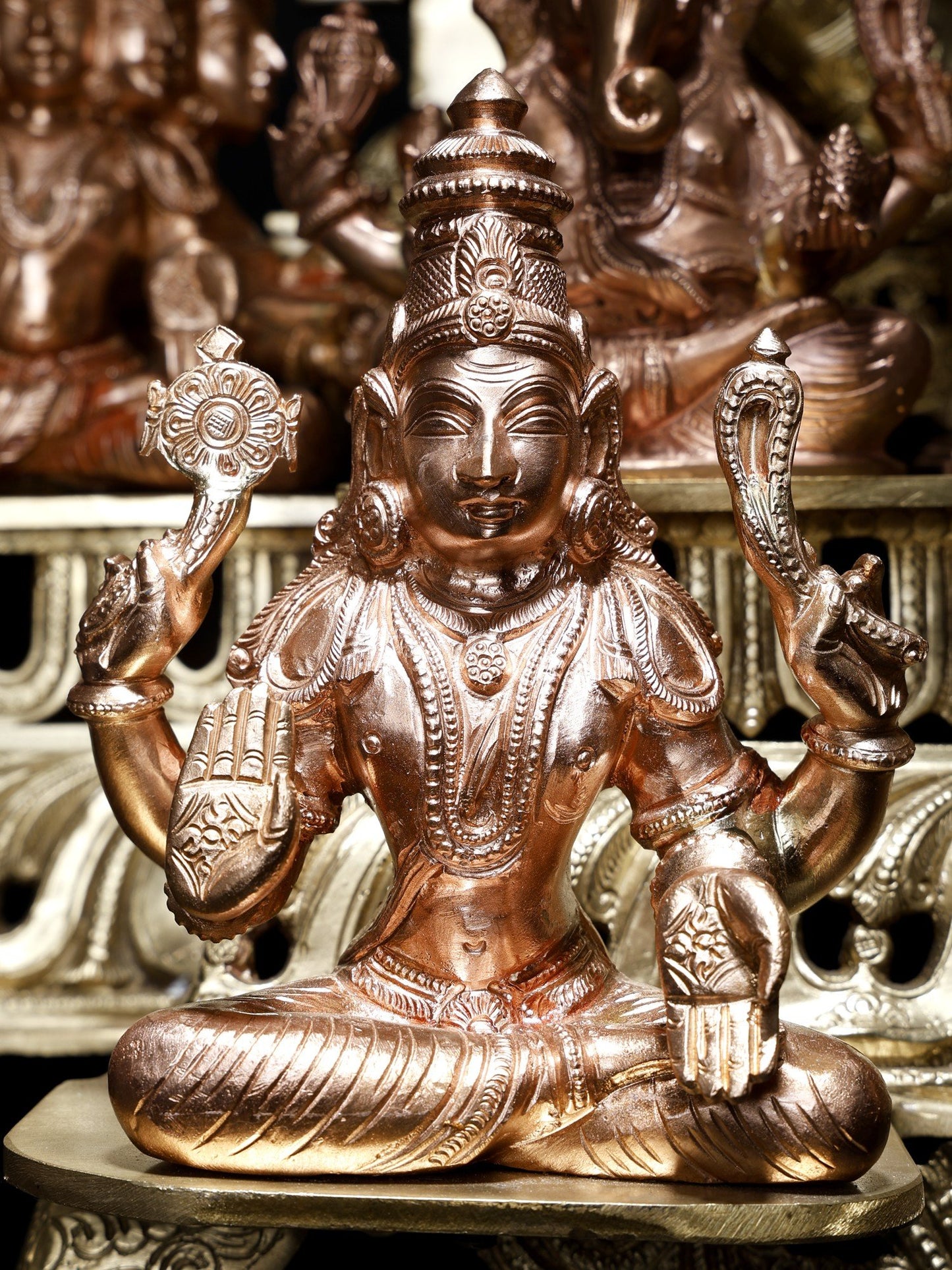 37" Large Superfine Goddess Rajarajeshvari Seated On Kirtimukha Throne With Gods And Goddesses | Hoysala Bronze Statue In Twin Shades