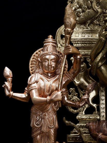 37" Large Superfine Goddess Rajarajeshvari Seated On Kirtimukha Throne With Gods And Goddesses | Hoysala Bronze Statue In Twin Shades