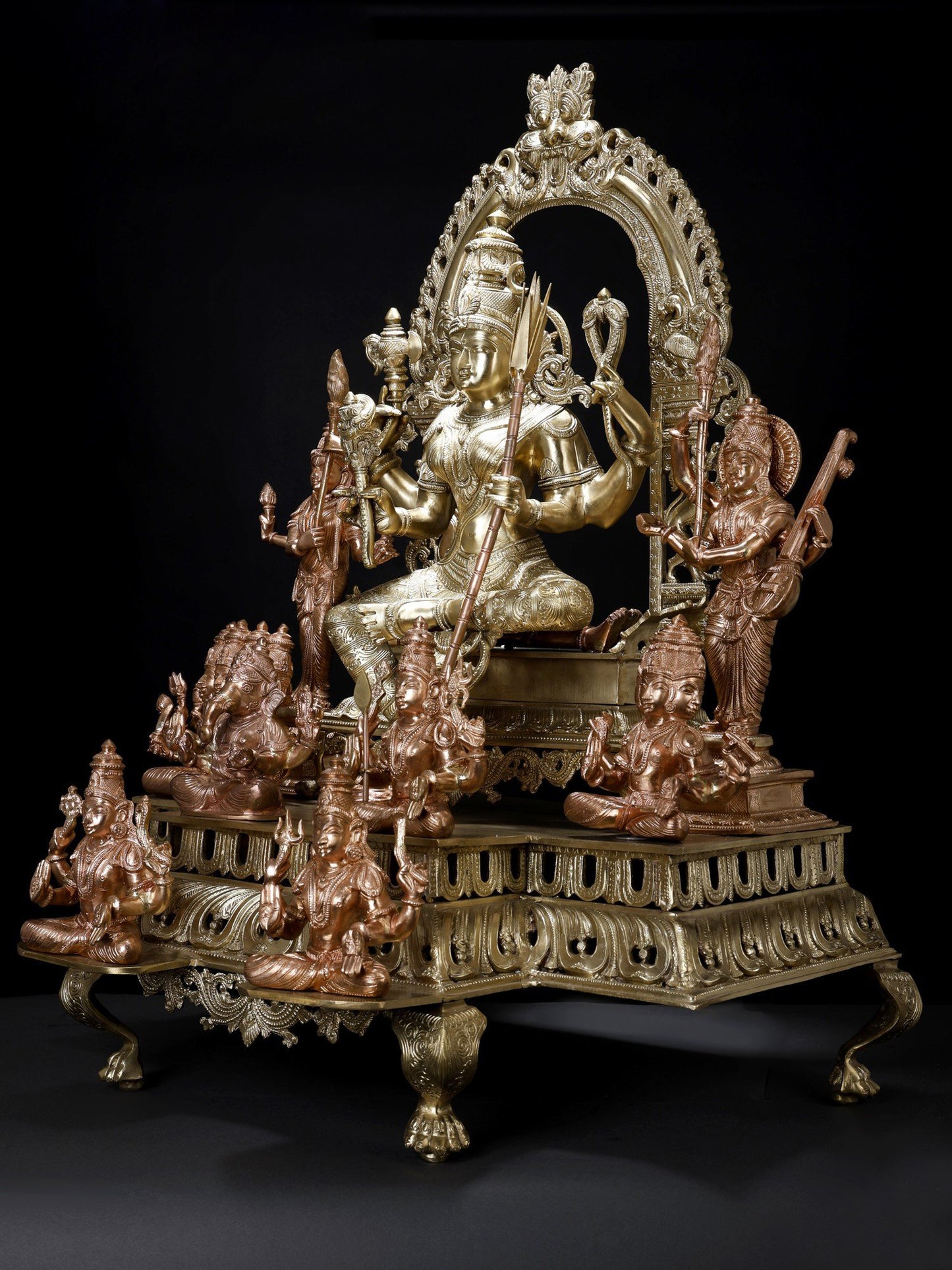 37" Large Superfine Goddess Rajarajeshvari Seated On Kirtimukha Throne With Gods And Goddesses | Hoysala Bronze Statue In Twin Shades