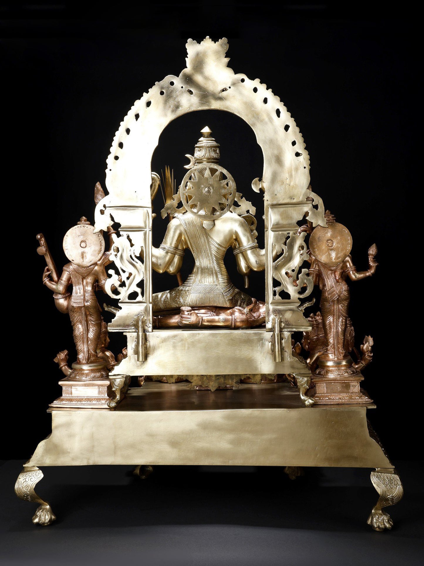 37" Large Superfine Goddess Rajarajeshvari Seated On Kirtimukha Throne With Gods And Goddesses | Hoysala Bronze Statue In Twin Shades