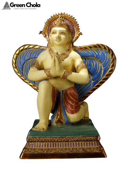 22-inch Colorful Namaskar Garuda Brass Statue with Majestic Wings