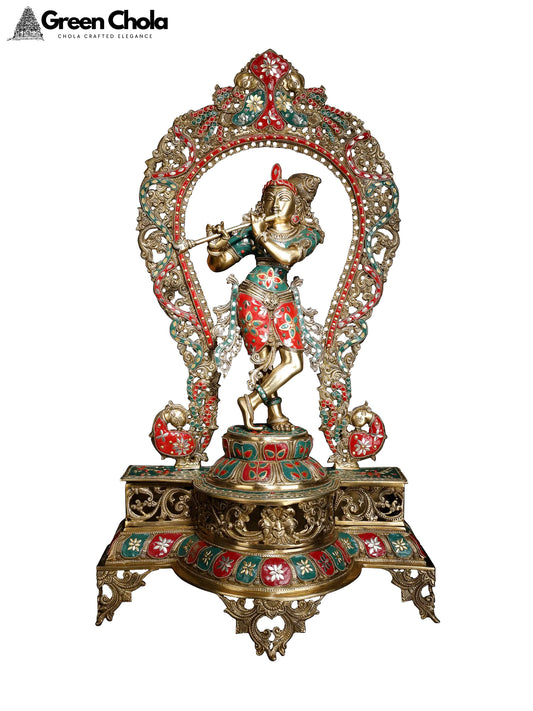 31-inch Large Fluting Krishna Inlay Brass Statue on Pedestal with Peacock Prabhavali