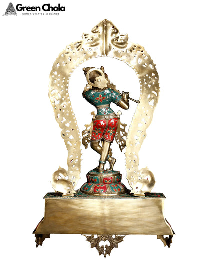 31-inch Large Fluting Krishna Inlay Brass Statue on Pedestal with Peacock Prabhavali