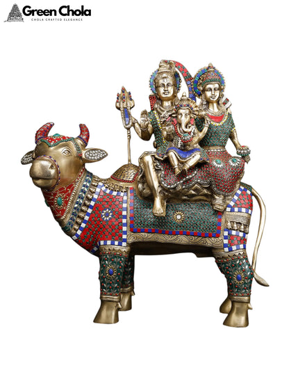 Shiva Family Brass Statue with Inlay Work Seated on Nandi