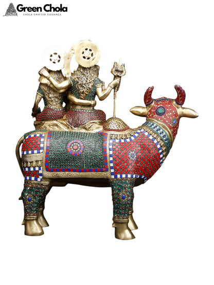 Shiva Family Brass Statue with Inlay Work Seated on Nandi