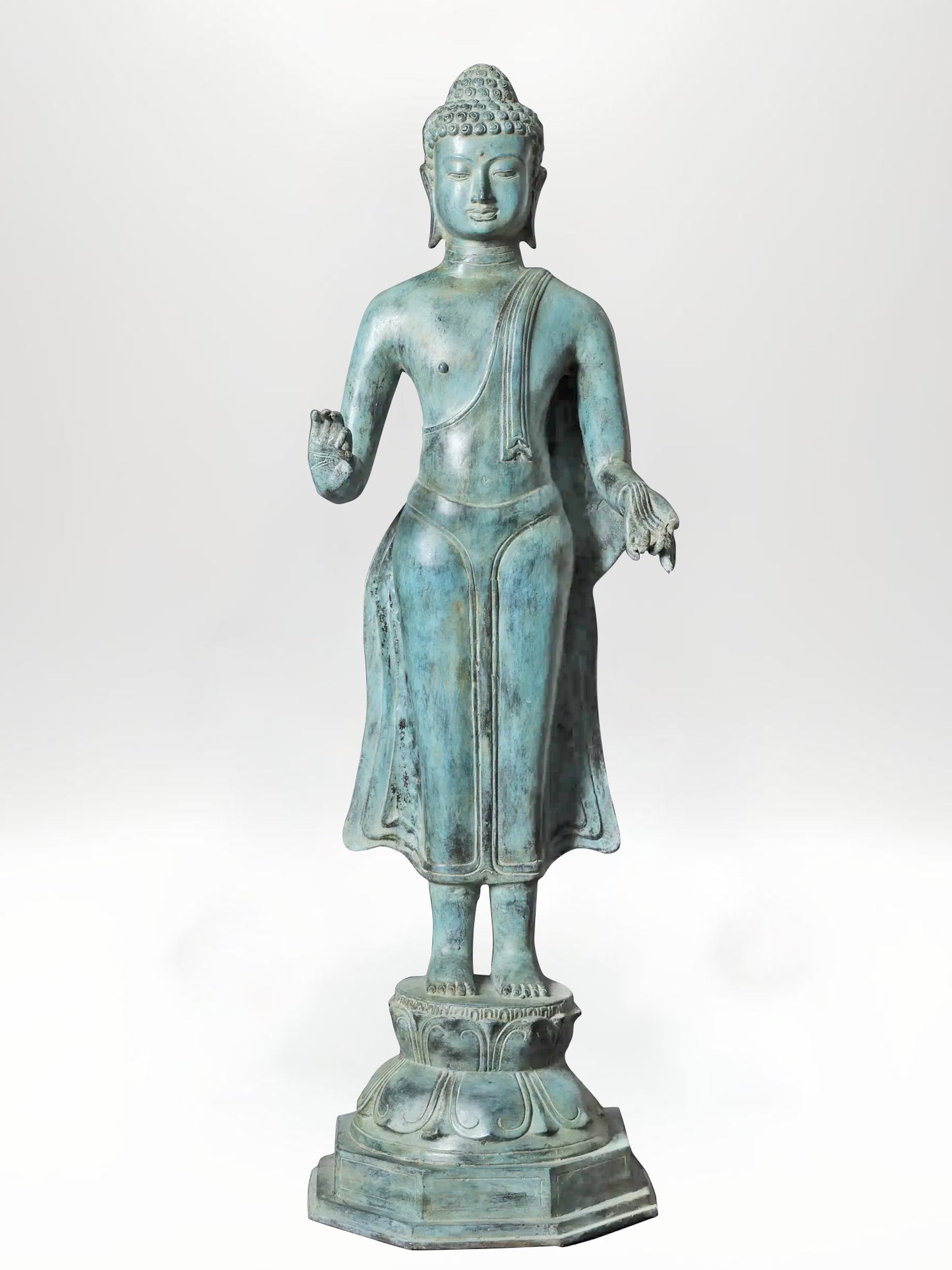 Large Standing Blessing Buddha Brass Statue in Abhaya and Varada Mudra from Indonesia