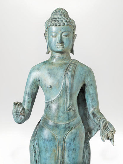 Large Standing Blessing Buddha Brass Statue in Abhaya and Varada Mudra from Indonesia