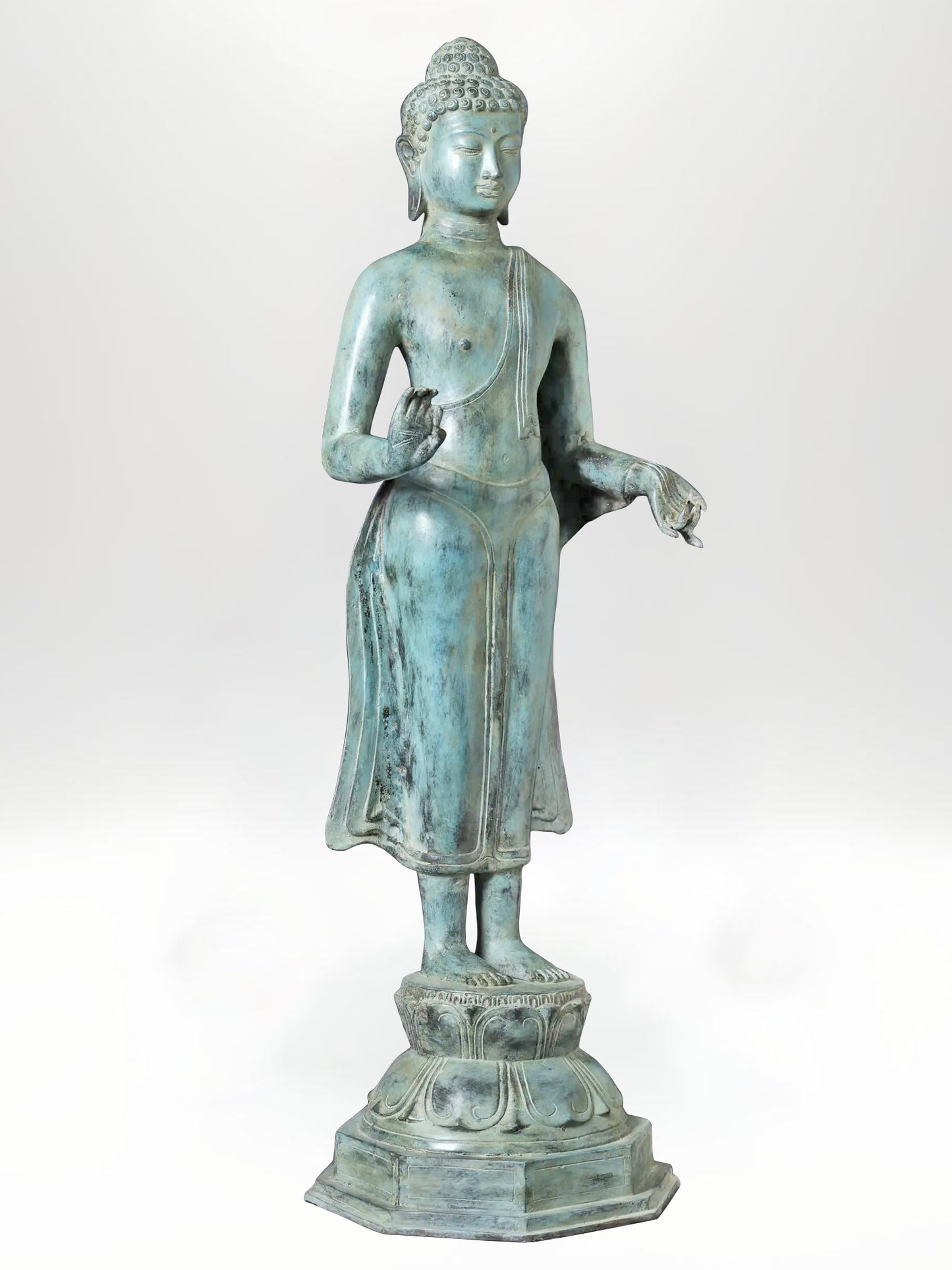 Large Standing Blessing Buddha Brass Statue in Abhaya and Varada Mudra from Indonesia