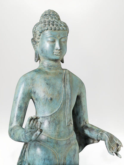 Large Standing Blessing Buddha Brass Statue in Abhaya and Varada Mudra from Indonesia