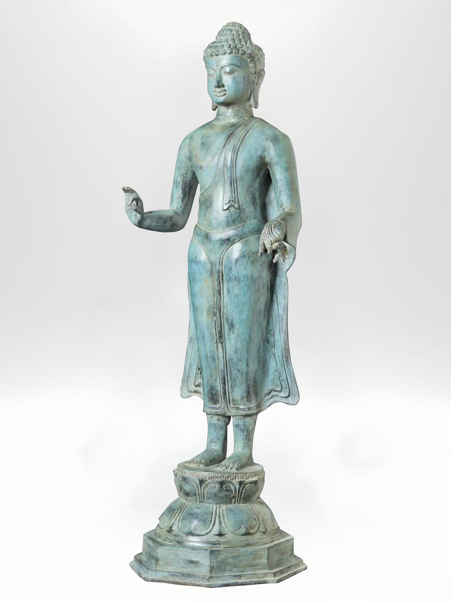 Large Standing Blessing Buddha Brass Statue in Abhaya and Varada Mudra from Indonesia