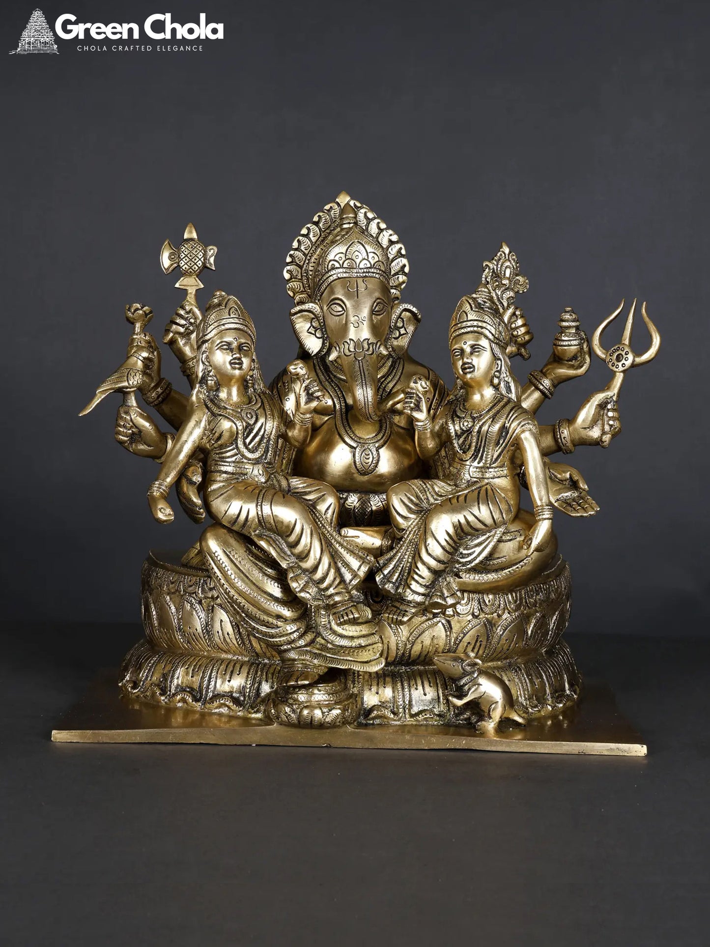 13-Inch Ganesha Brass Statue with Riddhi Siddhi Seated on Lotus Flower