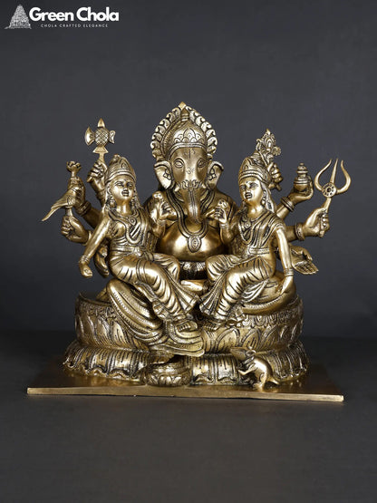 13-Inch Ganesha Brass Statue with Riddhi Siddhi Seated on Lotus Flower