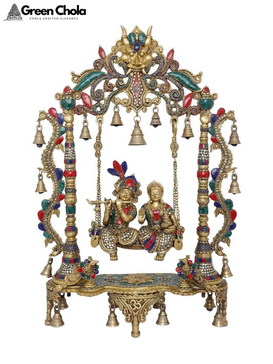 29-inch Radha-Krishna Brass Idol with Inlay Work on Kirtimukha Swing with Bells