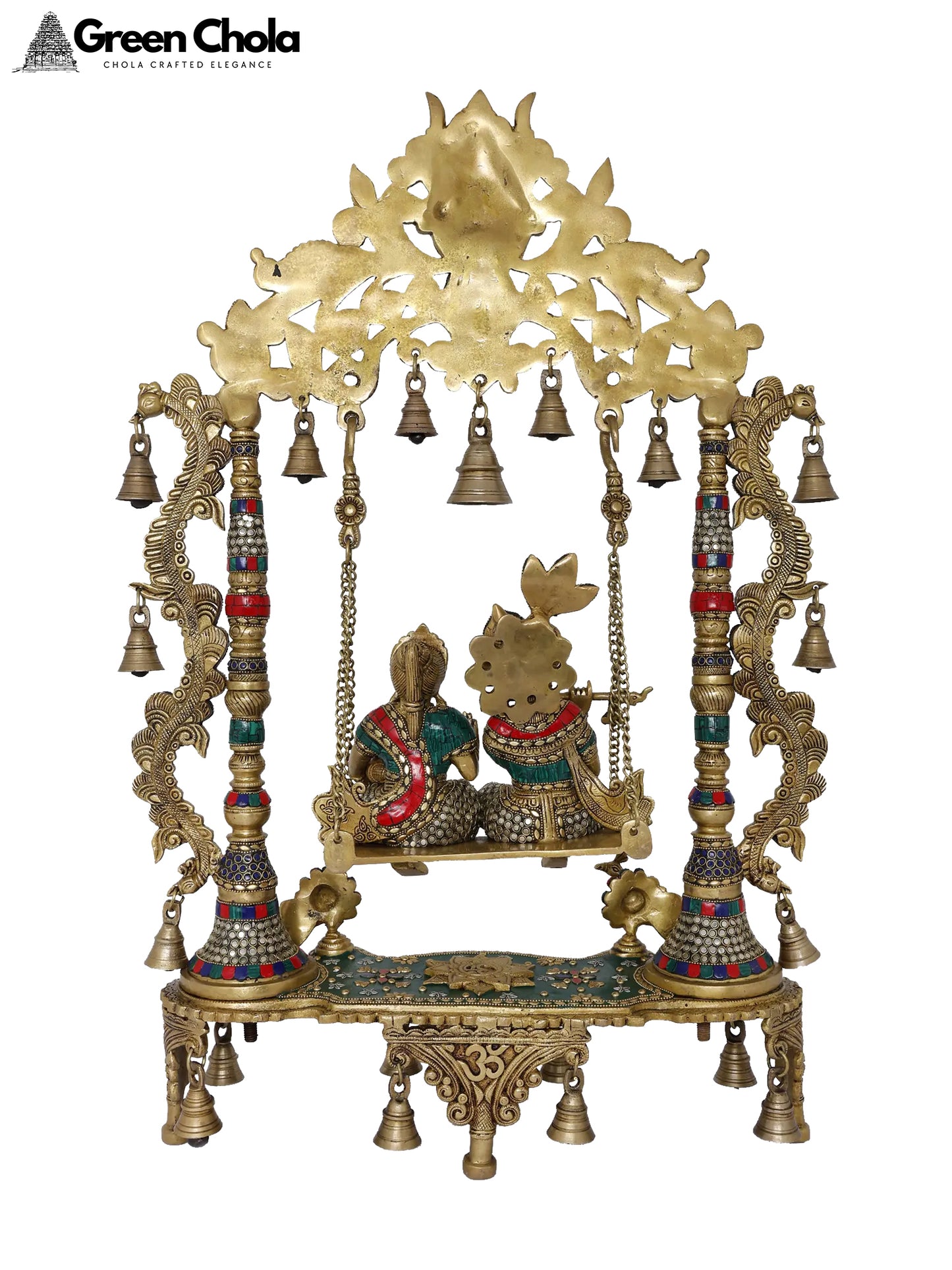 29-inch Radha-Krishna Brass Idol with Inlay Work on Kirtimukha Swing with Bells